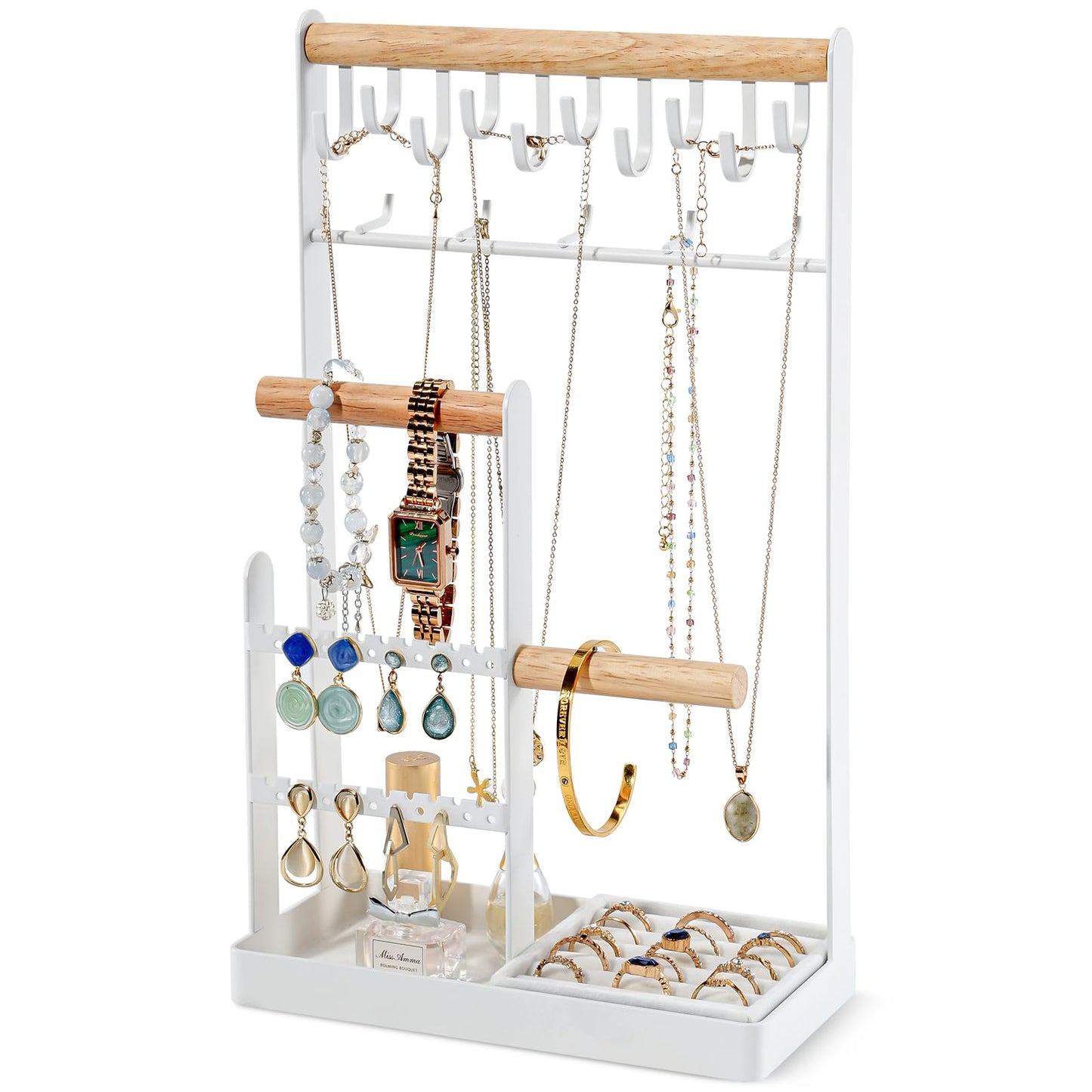 ProCase 4-Tier Jewelry Organizer – Necklace Stand with Ring Tray, Cute Aesthetic Storage Rack for Bracelets, Earrings, and Rings (White)