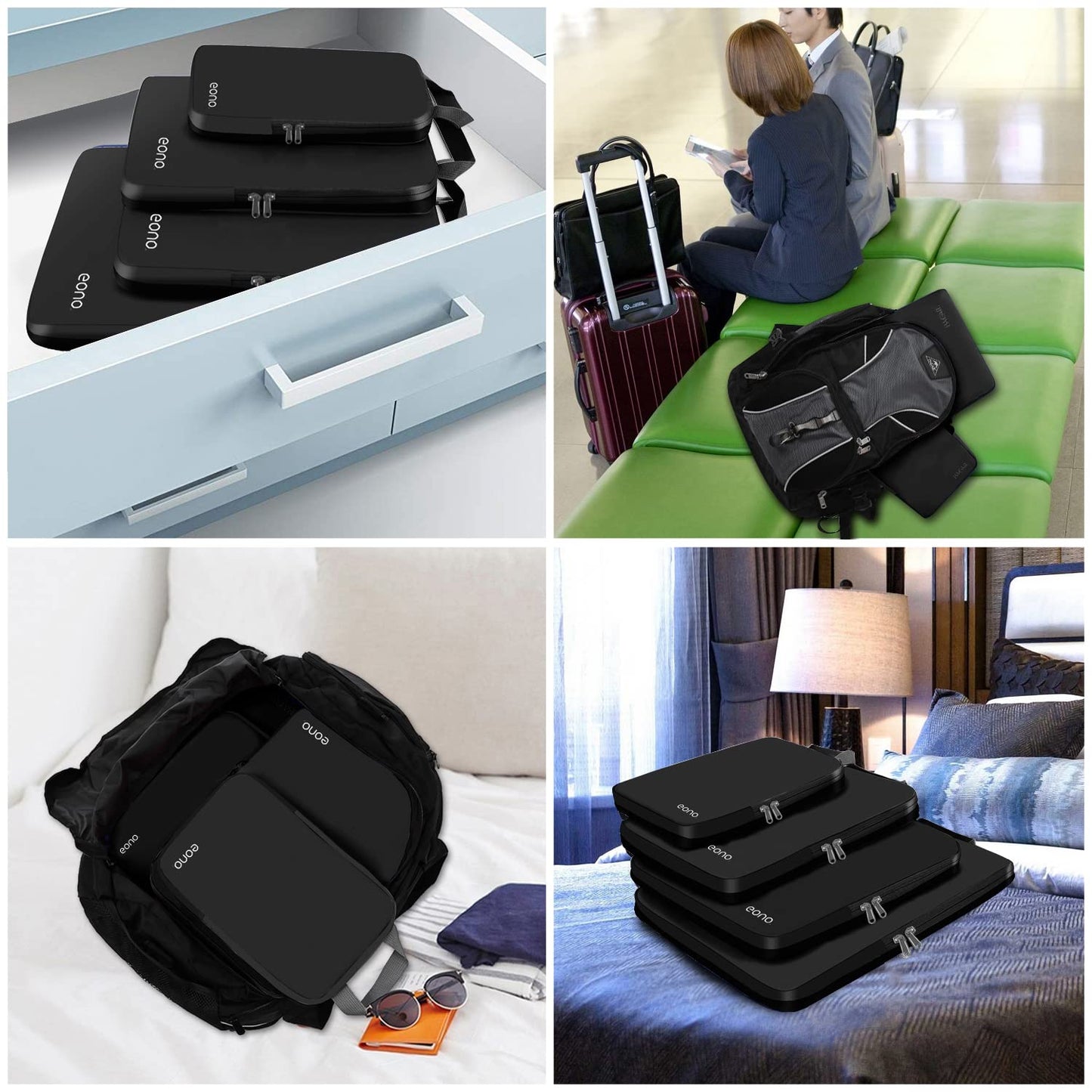 Eono Essentials Compressible Packing Cubes – 4/6-Piece Travel Luggage Organiser Set