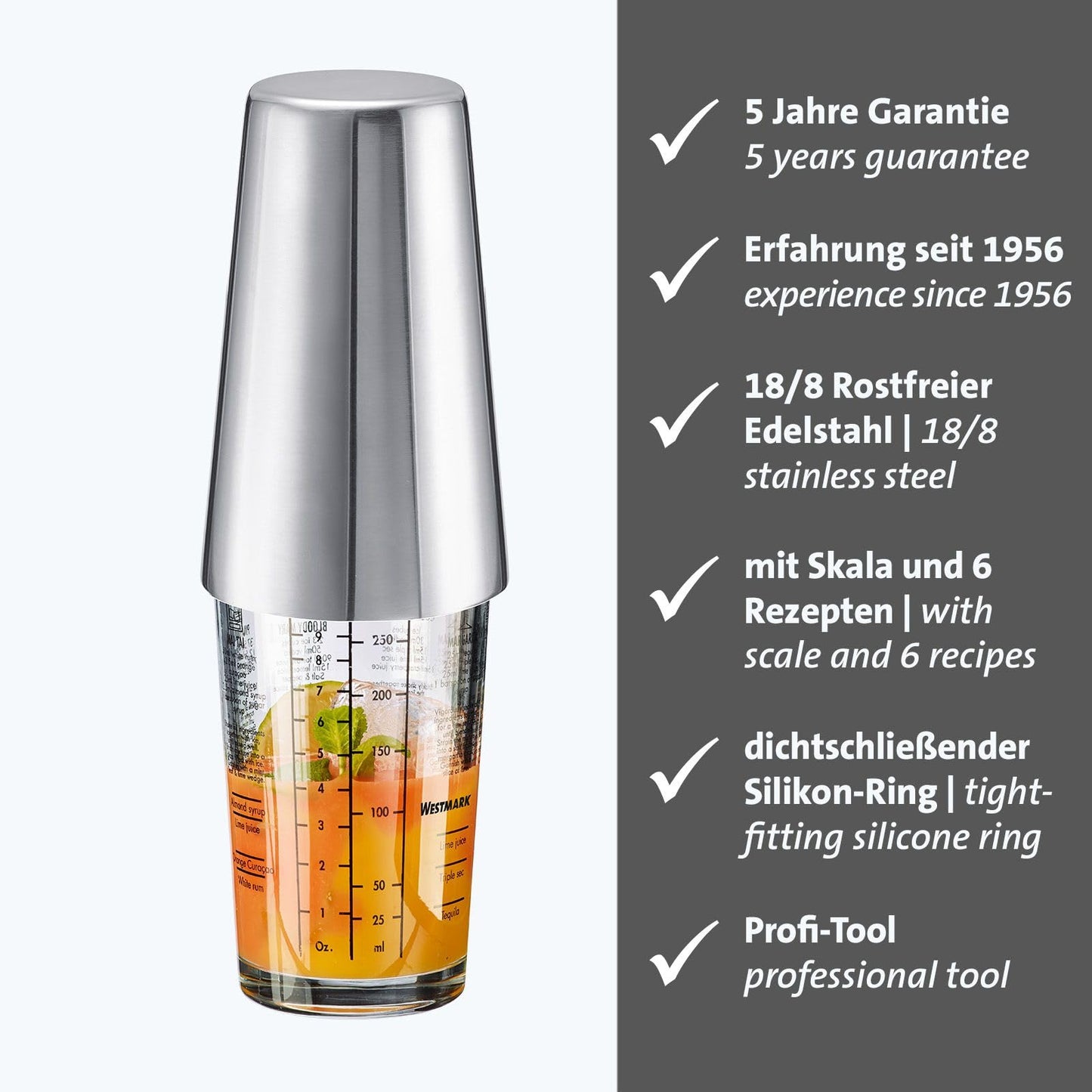 Westmark Cocktail Shaker Sam – Shaker mit Skala und Sieb, professioneller Cocktail-Mixer, Bar Zubehör, inkl. Rezepte zum Mixen von Margarita und mehr – Edelstahl, Glas, 400 ml