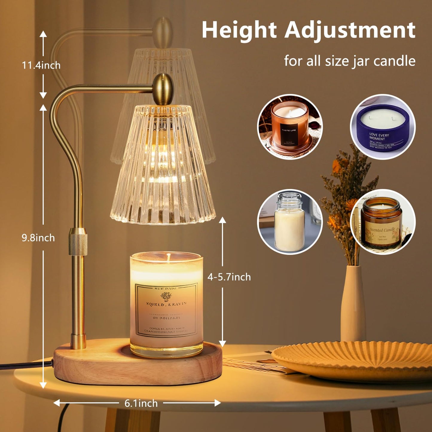 Candle Warmer Lamp with Dimmer 2 Bulbs, Candle Warmer with Timer Adjustable Height for Scented Wax Jar Candles, Gifts for Women Mom New Home, for Woemn Mothers Day, Birthday