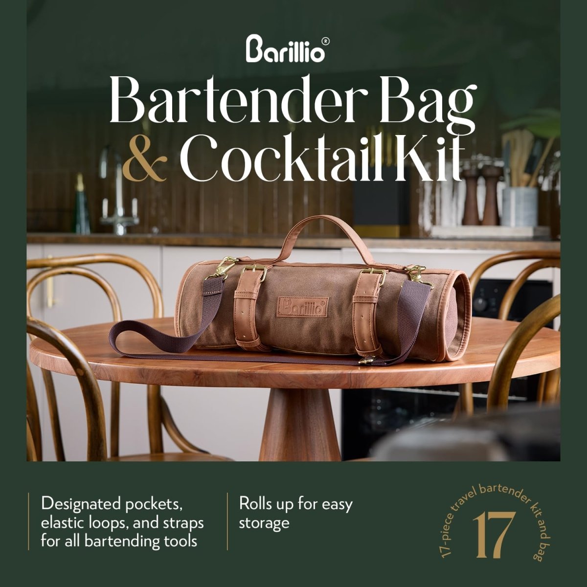 Barillio Bartender Kit Bag with Cocktail Shaker Set - Waxed Canvas, Traveling Bar Tools Bag with 17 - Pc Cocktail Kit - Travel Mixology Bartending Kits - Mobile Bar Bag with Strap & Accessories - Silver - Easiley - B08BKMLBJZ