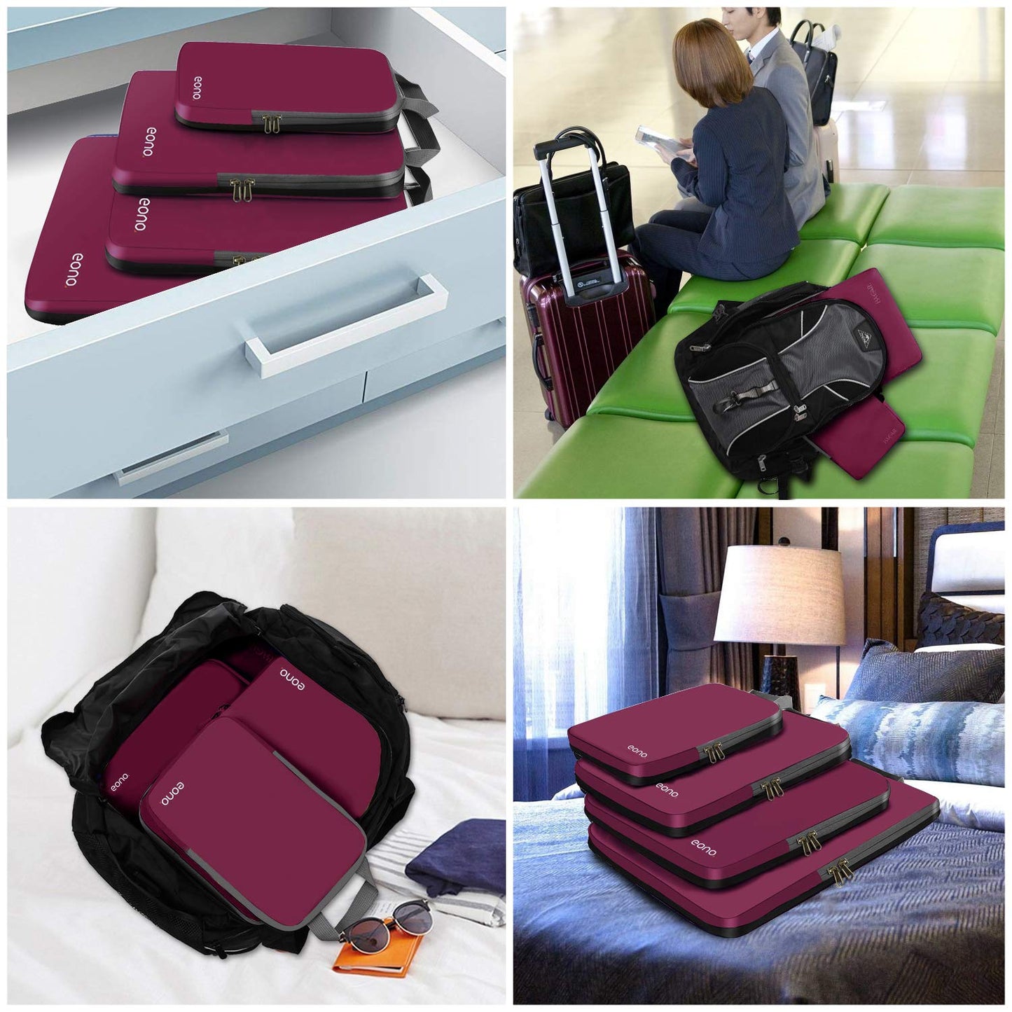 Eono Essentials Compressible Packing Cubes – 4/6-Piece Travel Luggage Organiser Set