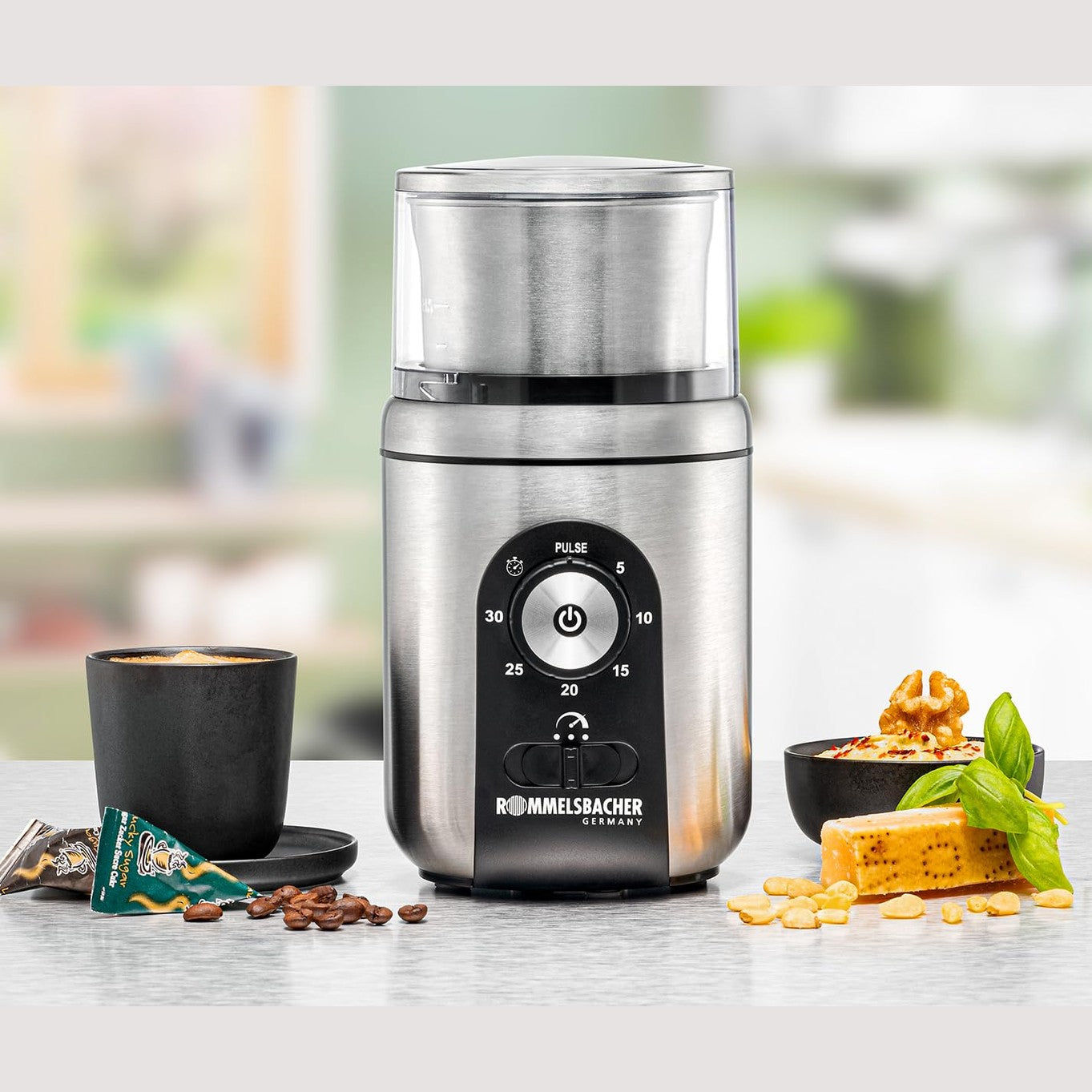 ROMMELSBACHER Gewürz- & Kaffeemühle EGK 250, 2 Edelstahlbehälter mit Schlagmesser & Spezialmesser, Füllmenge 70 g, Mahlgrad über Mahldauer wählbar, auch für Pesto, Gewürze, Nüsse, Zucker