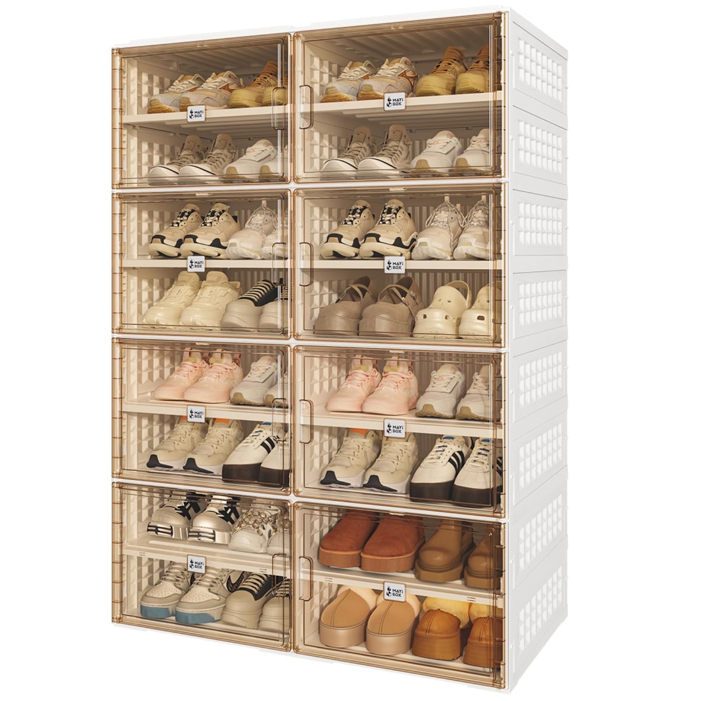 Foldable Shoe Cabinet with Magnetic Doors – 10 Transparent Stackable Shoe Boxes for Heels & Boots (38 Pairs)