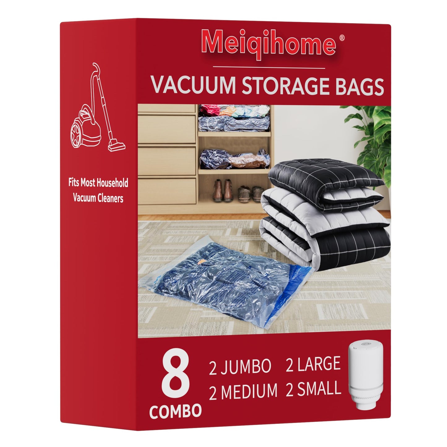 MEIQIHOME 16-Pack Vacuum Storage Bags with Electric Pump – 4J/4L/4M/4S for Clothes, Travel & Moving