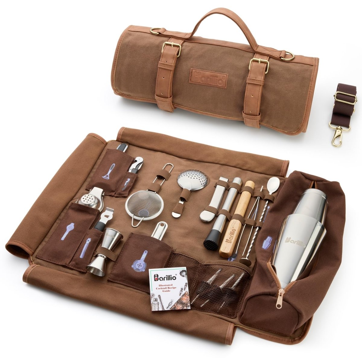 Barillio Bartender Kit Bag with Cocktail Shaker Set - Waxed Canvas, Traveling Bar Tools Bag with 17 - Pc Cocktail Kit - Travel Mixology Bartending Kits - Mobile Bar Bag with Strap & Accessories - Silver - Easiley - B08BKMLBJZ