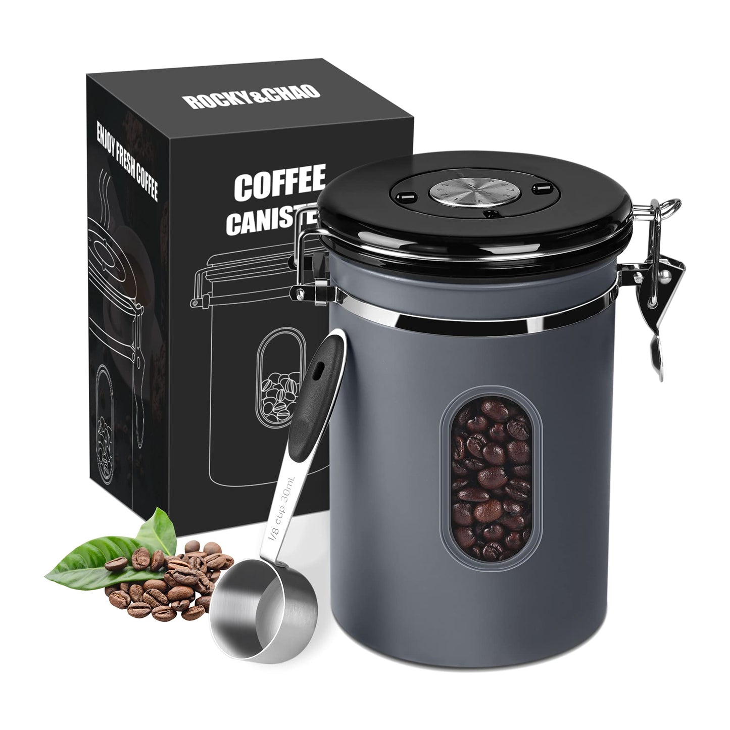 ROCKY&CHAO Airtight Coffee Canister 1.8 L – Stainless Steel Bean Container with Viewing Window (600 g)