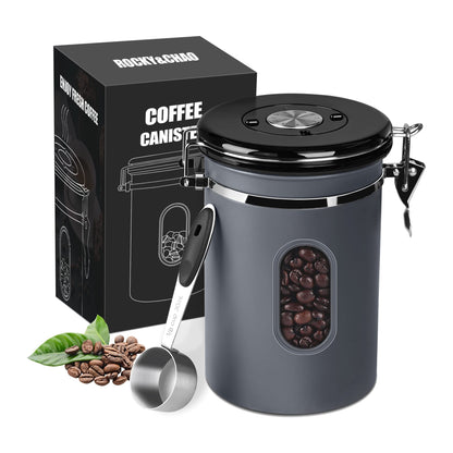 ROCKY&CHAO Airtight Coffee Canister 1.8 L – Stainless Steel Bean Container with Viewing Window (600 g)