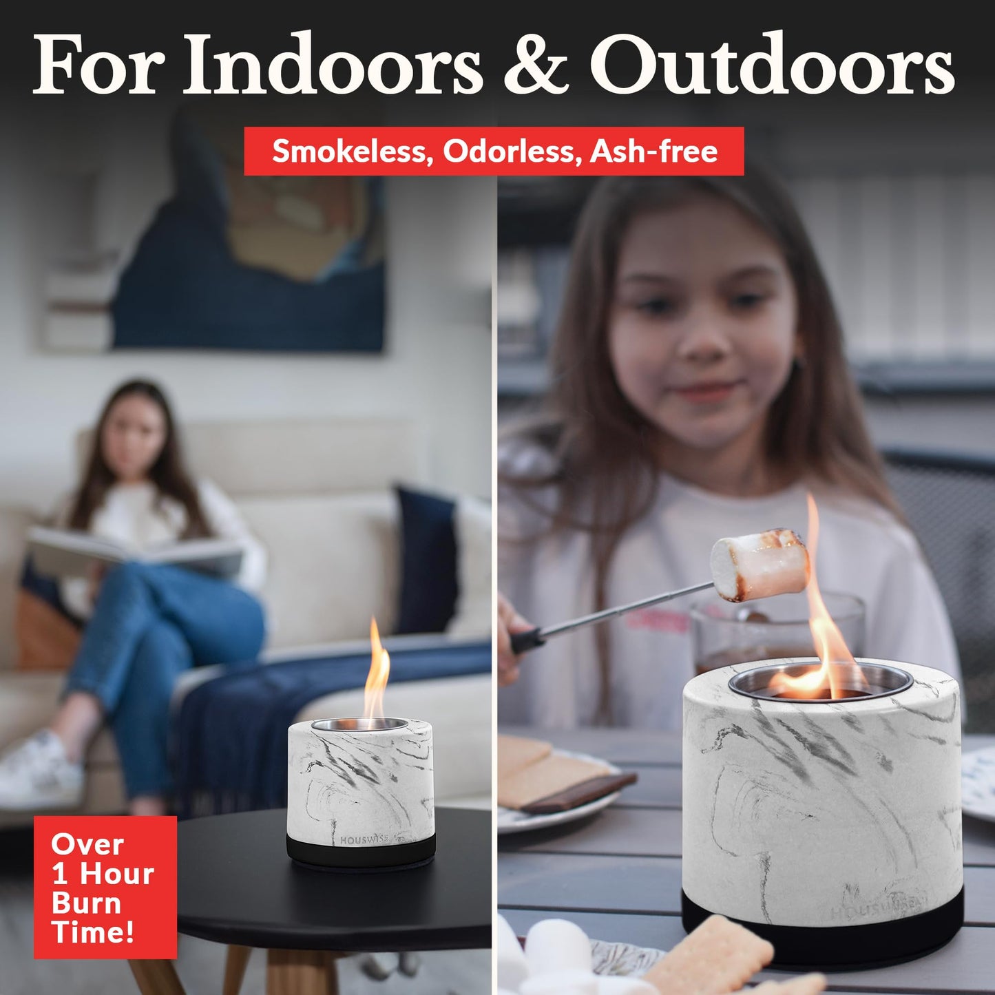 Tabletop Fire Pit – Portable Concrete Indoor & Outdoor Fireplace, Mini Smores Maker