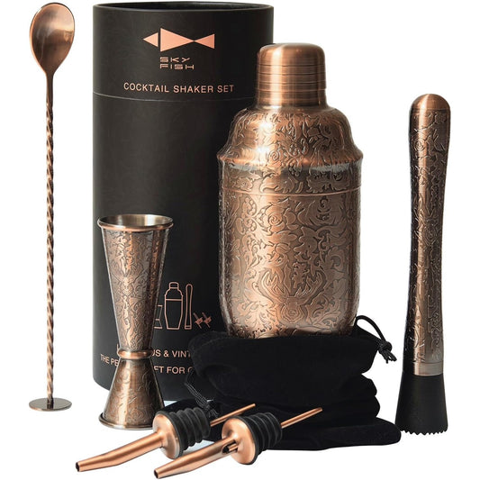 Cocktail-Shaker-Set | 6-teiliges Barkeeper-Set mit 3D-geprägtem Design | Professionelles Cocktail-Set für Cocktail-Liebhaber | Handwäsche – Antikes Kupfer