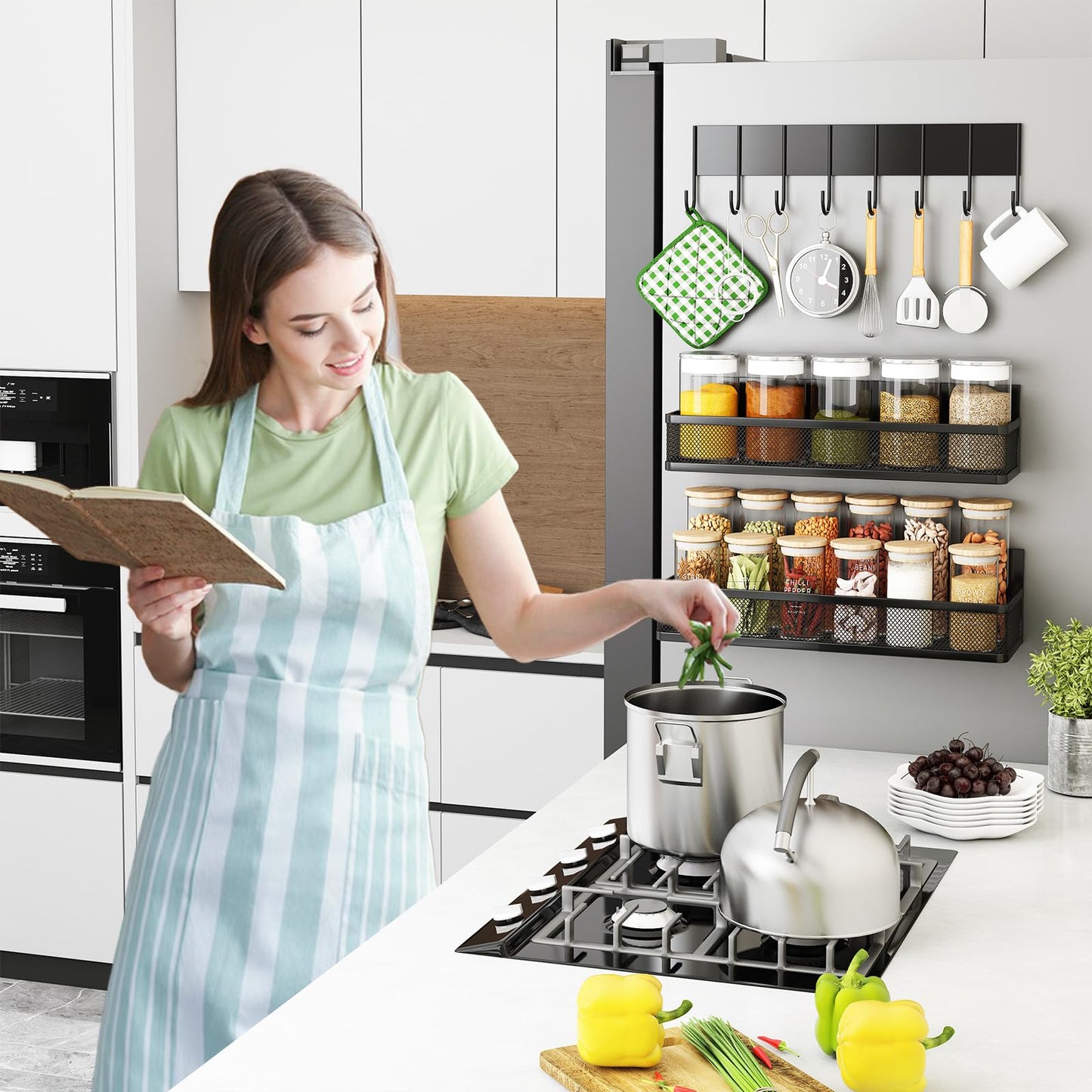 Magnetic Spice Rack for Fridge – 4-Pack Magnetic Shelves with 8 Movable Hooks for Kitchen Organisation