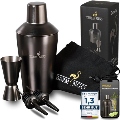 Cocktail Shaker Set [1,3 - SEHR GUT] - 500ml Edelstahl Cocktailshaker mit Bar Zubehör, Cocktail Set | Bar Set | Barkeeper Set | Cocktail Mix Set | Bar Geschenkset | Schwarz-Silber