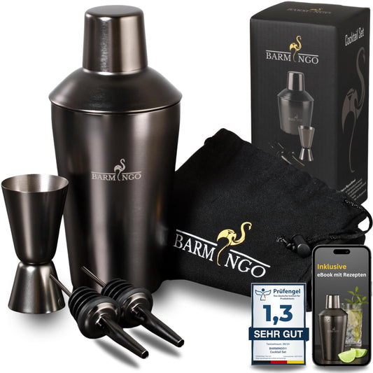 Cocktail Shaker Set [1,3 - SEHR GUT] - 500ml Edelstahl Cocktailshaker mit Bar Zubehör, Cocktail Set | Bar Set | Barkeeper Set | Cocktail Mix Set | Bar Geschenkset | Schwarz-Silber