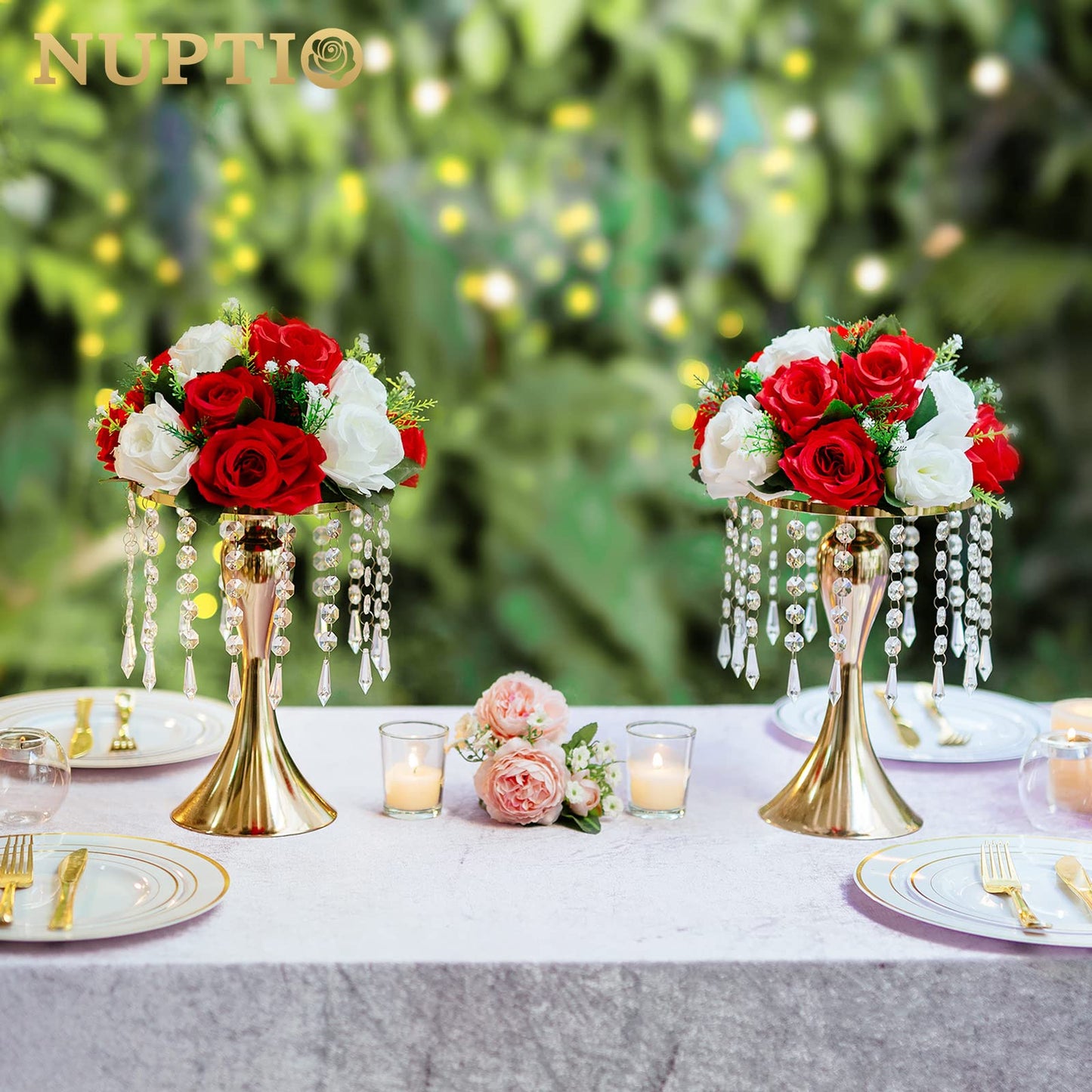 Nuptio Kristall-Blumenständer, Hochzeitsdekoration für Tische, 26 cm Höhe, Blumenhalter, Mittelstück, Metall-Blumenvase für Hochzeit, Party, Empfang, Esszimmer, Wohnzimmer, Dekoration, 2 Stück