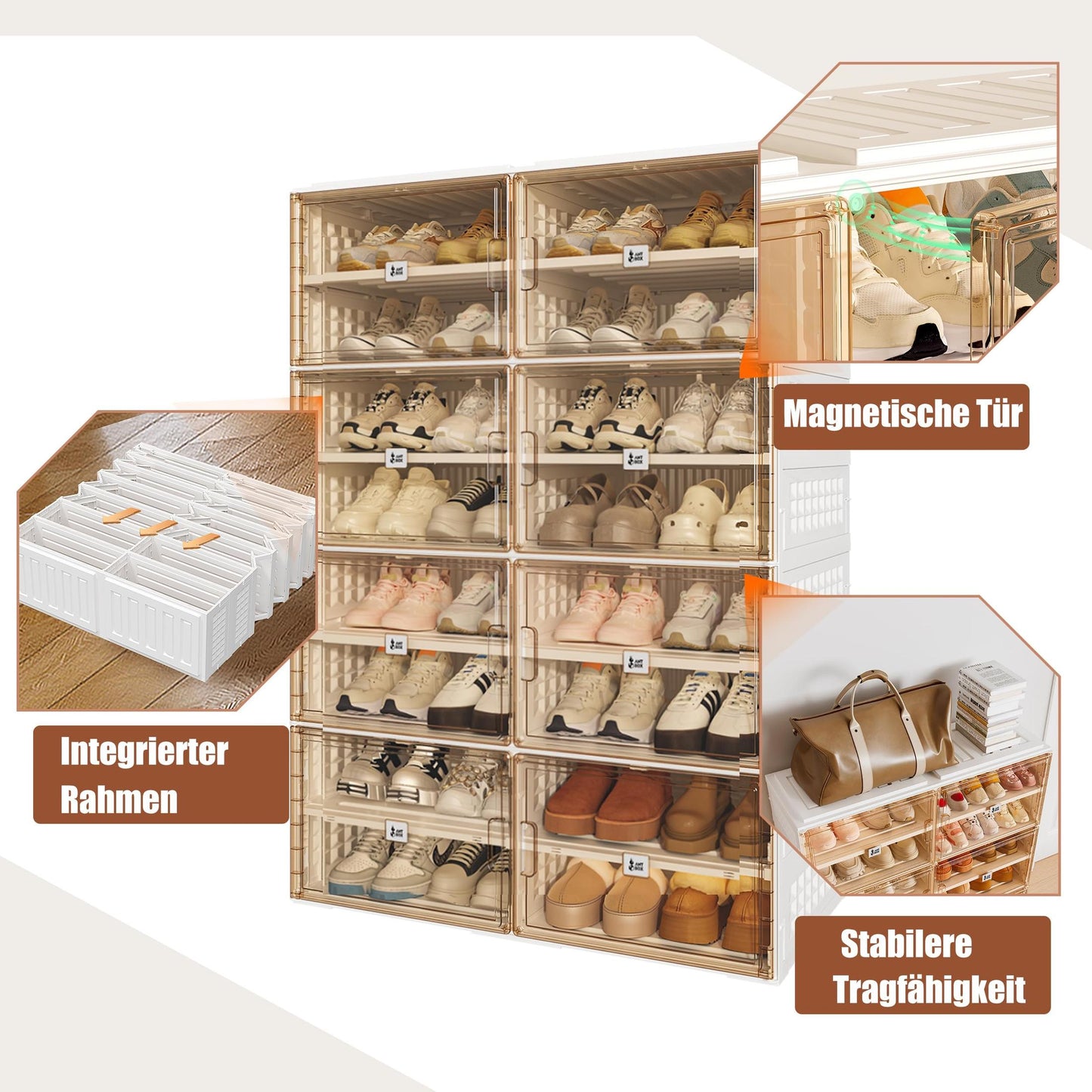 Foldable Shoe Cabinet with Magnetic Doors – 10 Transparent Stackable Shoe Boxes for Heels & Boots (38 Pairs)