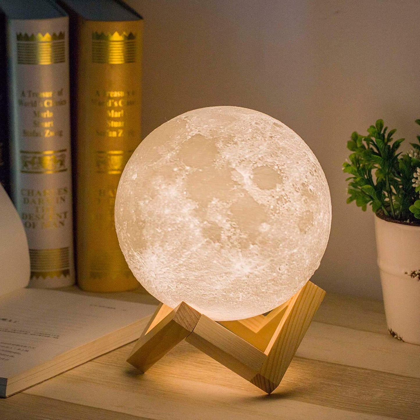 Mydethun 3D Moon Lamp – 15 cm Wooden Base, LED Night Light with Touch Control, White & Yellow, Christmas Gift.