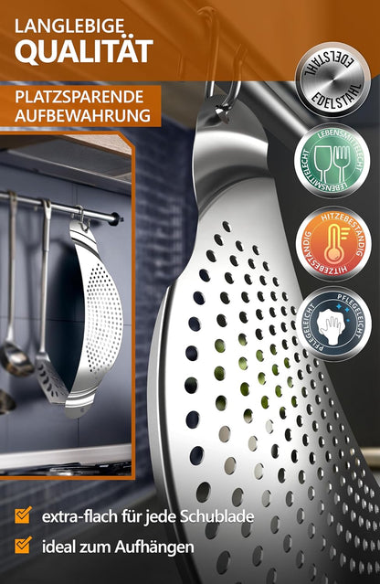 4smile Stainless Steel Pasta Strainer – Flat Space-Saving Pot Sieve for Pots up to 26 cm