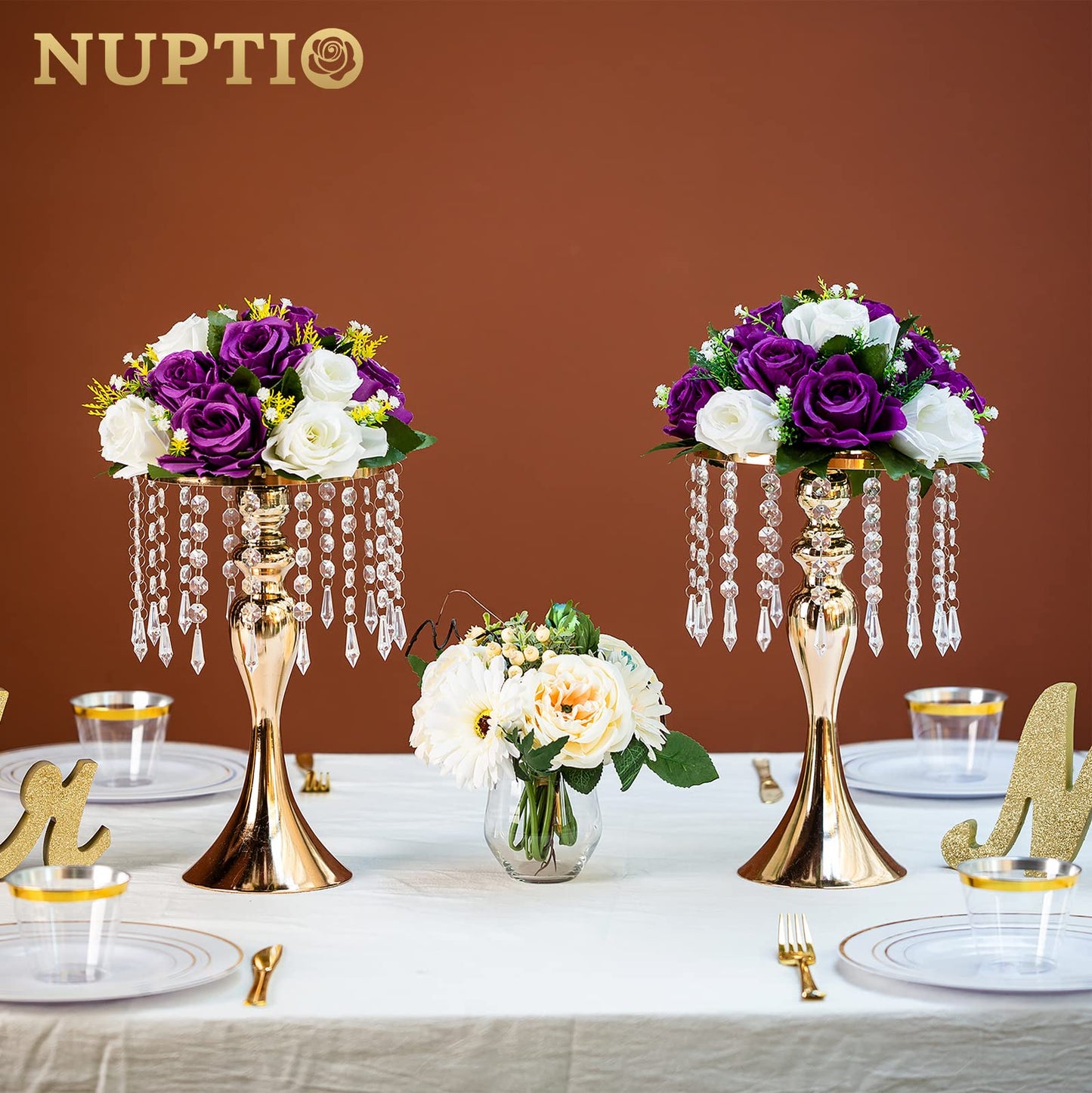 Nuptio Kristall-Blumenständer, Hochzeitsdekoration für Tische, 26 cm Höhe, Blumenhalter, Mittelstück, Metall-Blumenvase für Hochzeit, Party, Empfang, Esszimmer, Wohnzimmer, Dekoration, 2 Stück