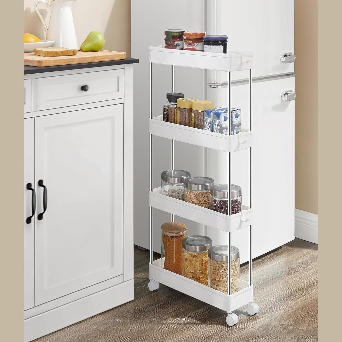 SONGMICS kapea 4-tasoinen säilytyskärry pyörillä – keittiöön ja kylpyhuoneeseen (40 × 12,5 × 86 cm)