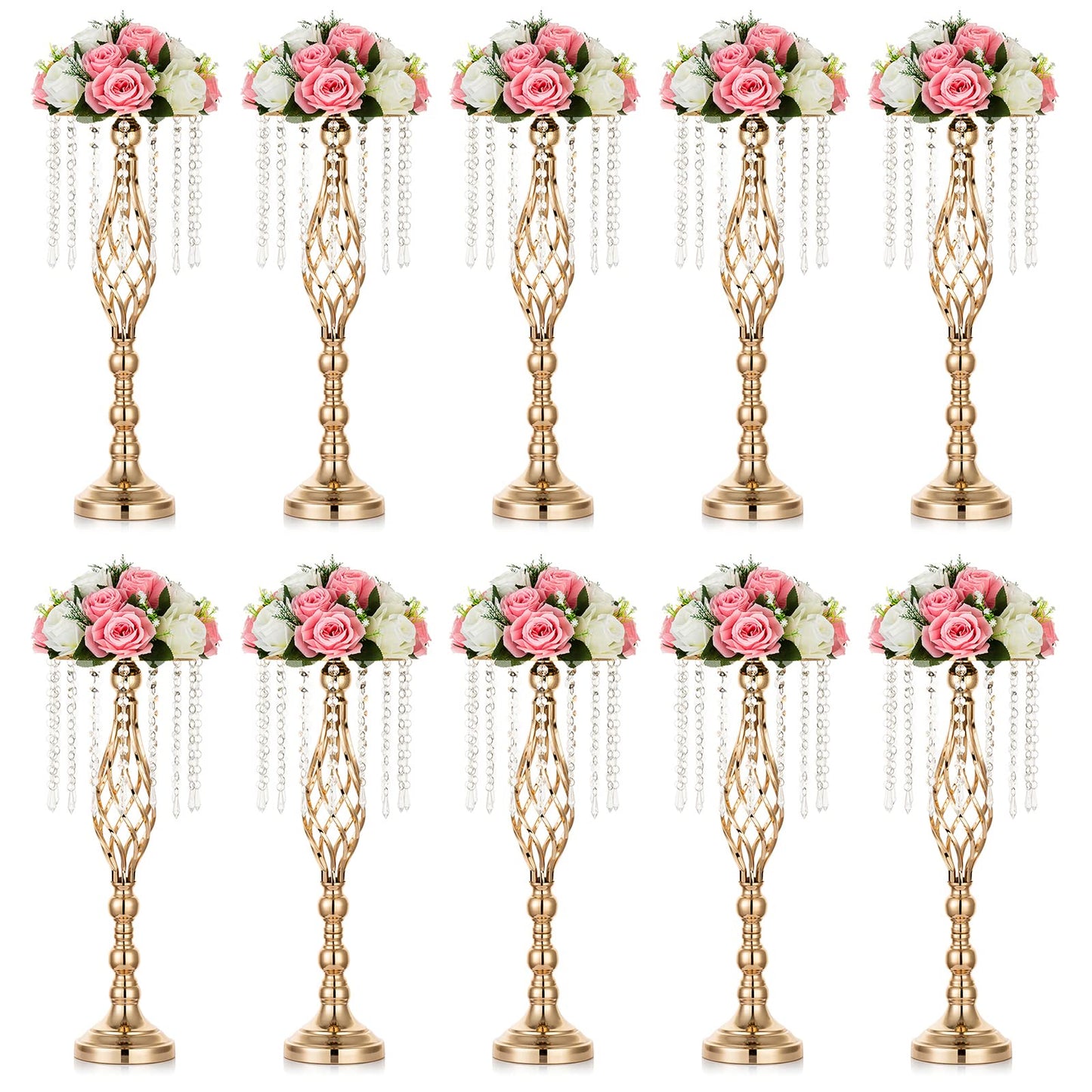 Nuptio Kristall-Blumenständer, Hochzeitsdekoration für Tische, 26 cm Höhe, Blumenhalter, Mittelstück, Metall-Blumenvase für Hochzeit, Party, Empfang, Esszimmer, Wohnzimmer, Dekoration, 2 Stück