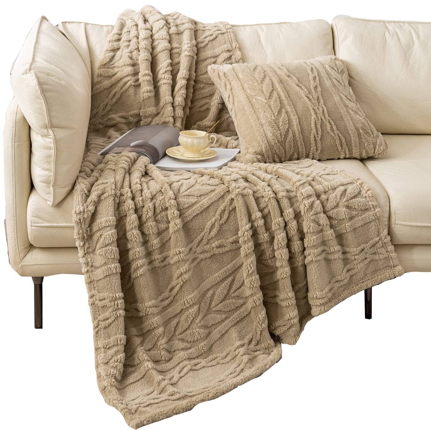 YUSOKI Sherpa Throw Blanket – Soft, Fuzzy & Warm 3D Plush for Couch, Bed & Sofa (Tan, 50"x65")