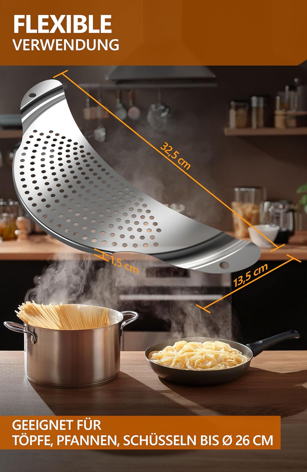 4smile Stainless Steel Pasta Strainer – Flat Space-Saving Pot Sieve for Pots up to 26 cm