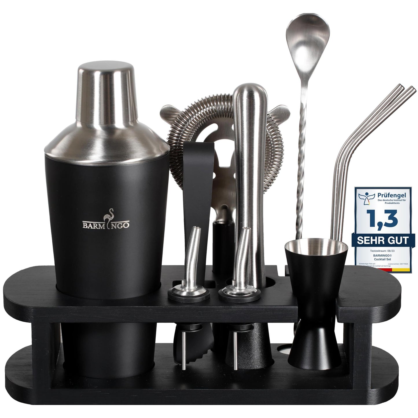 Edelstahl Cocktail Set 11tlg. – 700 ml Cocktail Shaker Set mit Ständer und Bar Zubehör, Cocktailshaker Set | Barkeeper Set | Cocktail Mix Set | Bar Set | Geschenkset | Schwarz