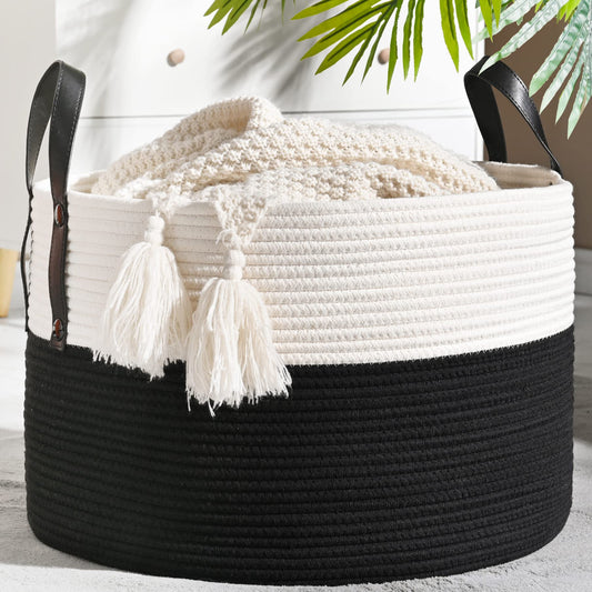 KAKAMAY Large Woven Blanket Basket (51 cm x 33 cm) – Cotton Rope Storage for Baby Laundry, Nursery, Pillows, Toys (White/Brown).