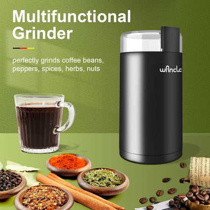 Kaffeemühle, Wancle Elektrische Kaffemühle für Bohnen ＆ Gewürze, Edelstahl Klinge, Schüssel, Kaffeemühle mit sauberer Bürste mit einem Knopf für Grob- und Feinmühle (Schwarz+Schwarz)