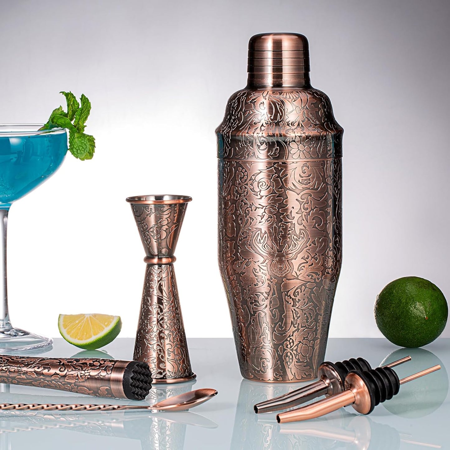 SKY FISH Cocktail Jigger | 3D-Geprägtes Doppel Spiritus-Messgerät | Japanischen Barmaß mit Skala 1oz/2oz | Antik-Kupfer Cocktail Messbecher | Handwäsche.