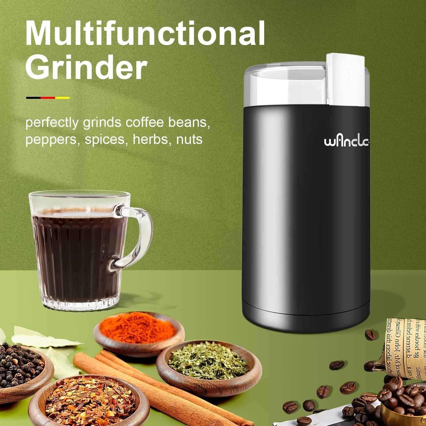 Kaffeemühle, Wancle Elektrische Kaffemühle für Bohnen ＆ Gewürze, Edelstahl Klinge, Schüssel, Kaffeemühle mit sauberer Bürste mit einem Knopf für Grob- und Feinmühle (Schwarz+Schwarz)