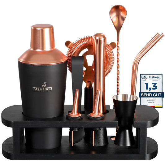 Edelstahl Cocktail Set 11tlg. – 700 ml Cocktail Shaker Set mit Ständer und Bar Zubehör, Cocktailshaker Set | Barkeeper Set | Cocktail Mix Set | Bar Set | Geschenkset | Schwarz