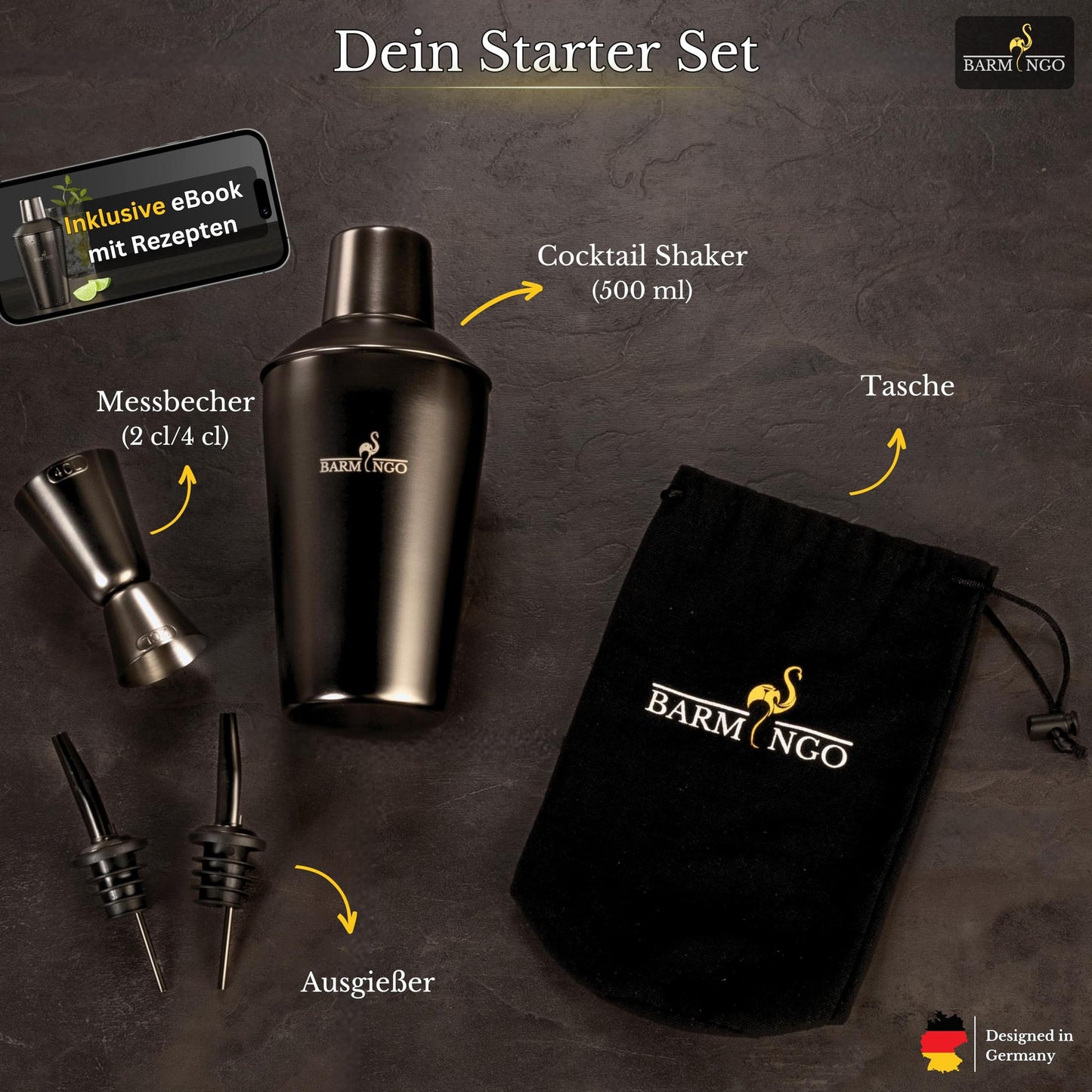 Cocktail Shaker Set [1,3 - SEHR GUT] - 500ml Edelstahl Cocktailshaker mit Bar Zubehör, Cocktail Set | Bar Set | Barkeeper Set | Cocktail Mix Set | Bar Geschenkset | Schwarz-Silber