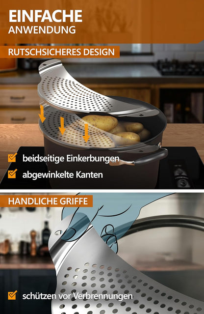 4smile Stainless Steel Pasta Strainer – Flat Space-Saving Pot Sieve for Pots up to 26 cm