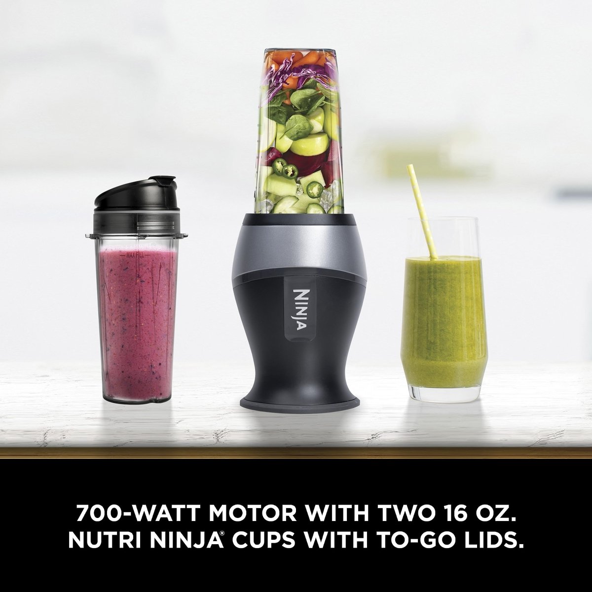 Ninja Fit Compact Personal Blender, Portable Blender for - Smoothies, Shakes, Food Prep, and Frozen Blending, 700 - Watt Base, (2) 16 - oz. Cups and Spout Lids, Black QB3001SS - Easiley - B01FHOWYA2