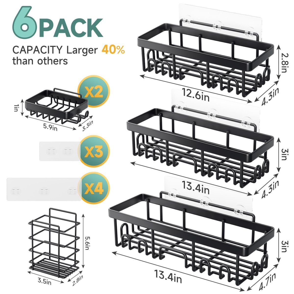 Veken 6 - Pack Adhesive Shower Caddy – Rustproof No - Drill Bathroom Organizer with Soap Holder (Black). - Easiley - B0D2Y7SXSK