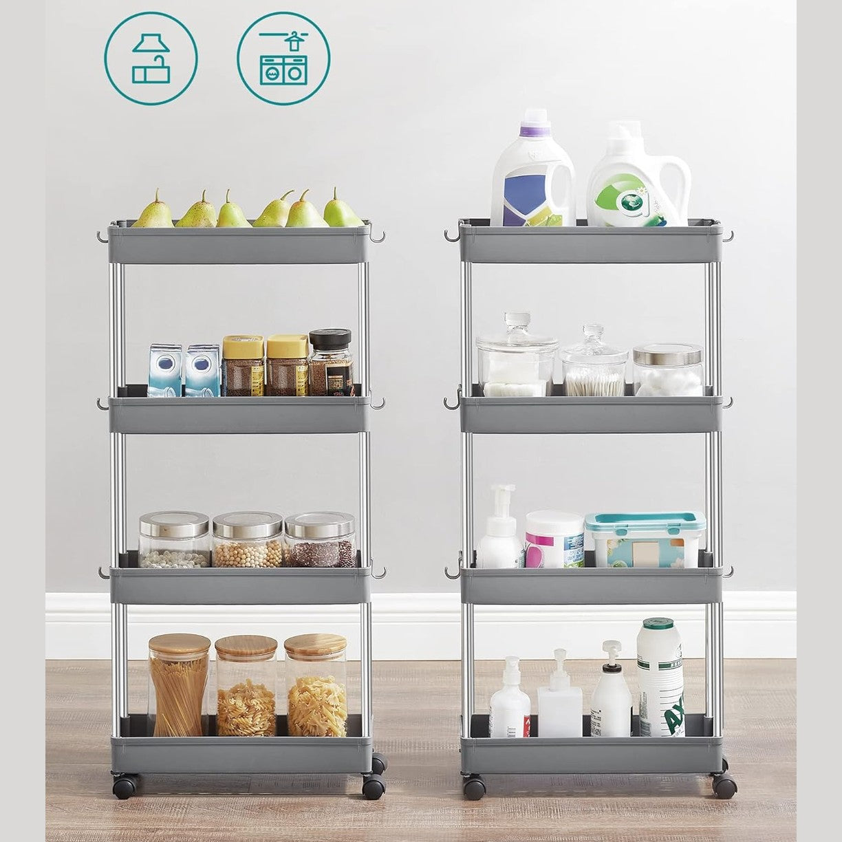 SONGMICS kapea 4-tasoinen säilytyskärry pyörillä – keittiöön ja kylpyhuoneeseen (40 × 12,5 × 86 cm)