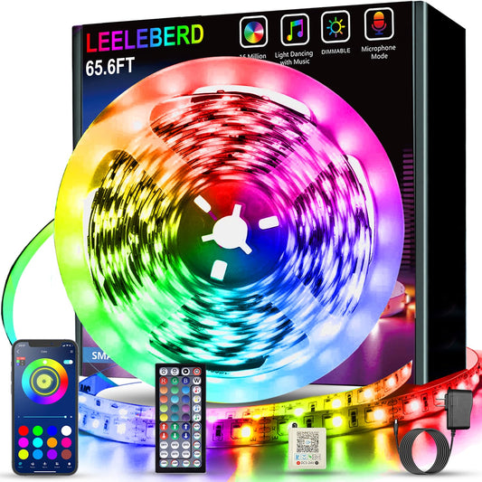 65.6 ft RGB LED Strip Lights – Bluetooth APP & Remote Control for Home, Bedroom, Party Decor.