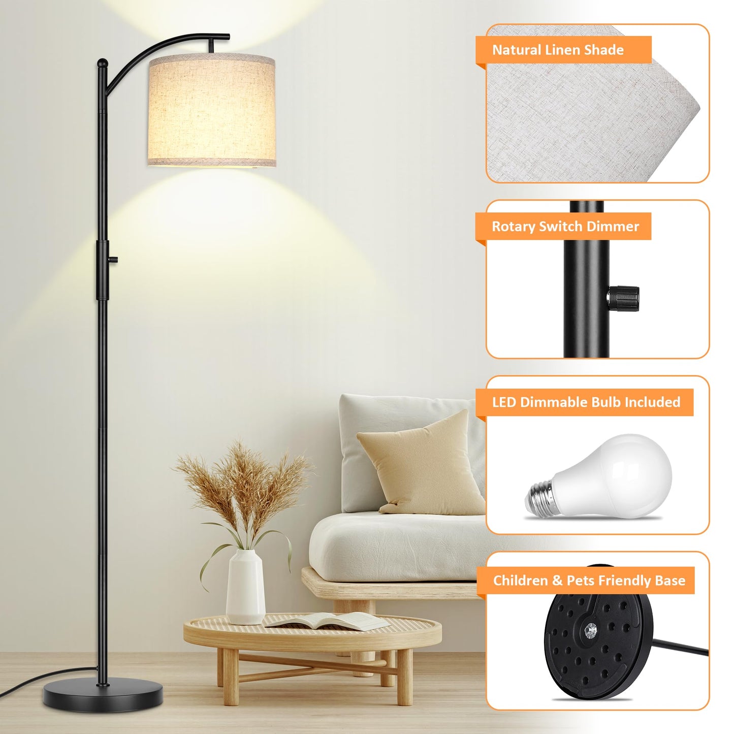 Rottogoon Industrial Floor Lamp – LED Standing Lamp with 9W Bulb & Beige Shade (Oil-Rubbed Bronze).