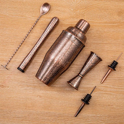Cocktail-Shaker-Set | 6-teiliges Barkeeper-Set mit 3D-geprägtem Design | Professionelles Cocktail-Set für Cocktail-Liebhaber | Handwäsche – Antikes Kupfer