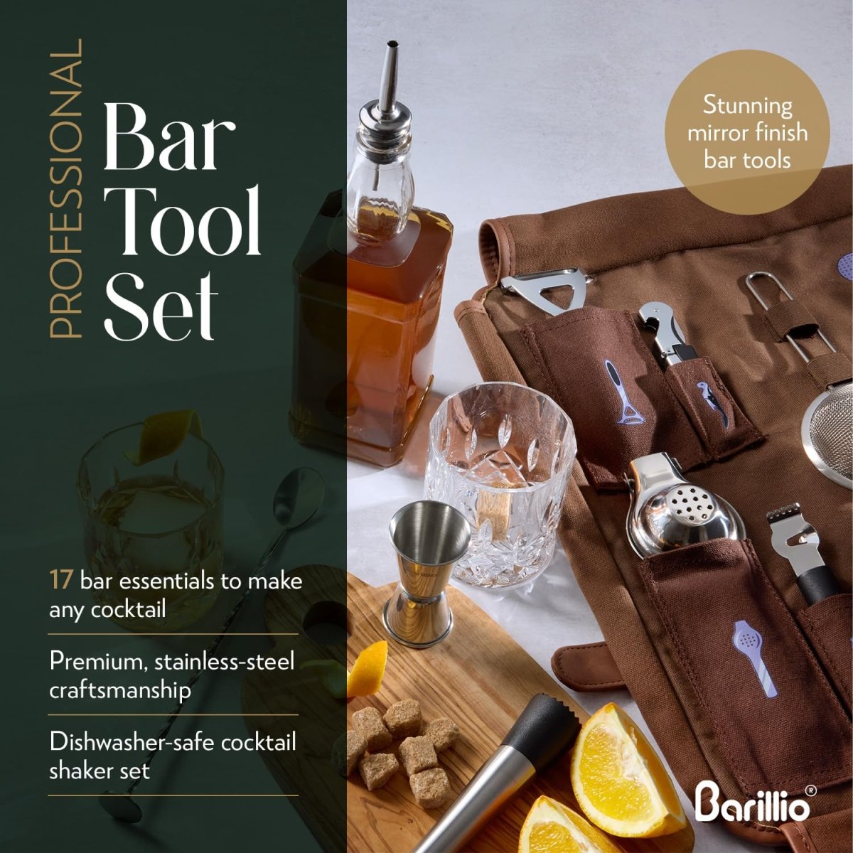 Barillio Bartender Kit Bag with Cocktail Shaker Set - Waxed Canvas, Traveling Bar Tools Bag with 17 - Pc Cocktail Kit - Travel Mixology Bartending Kits - Mobile Bar Bag with Strap & Accessories - Silver - Easiley - B08BKMLBJZ