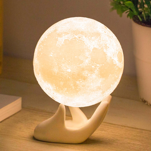 Mydethun 3D Moon Lamp – 15 cm Wooden Base, LED Night Light with Touch Control, White & Yellow, Christmas Gift.