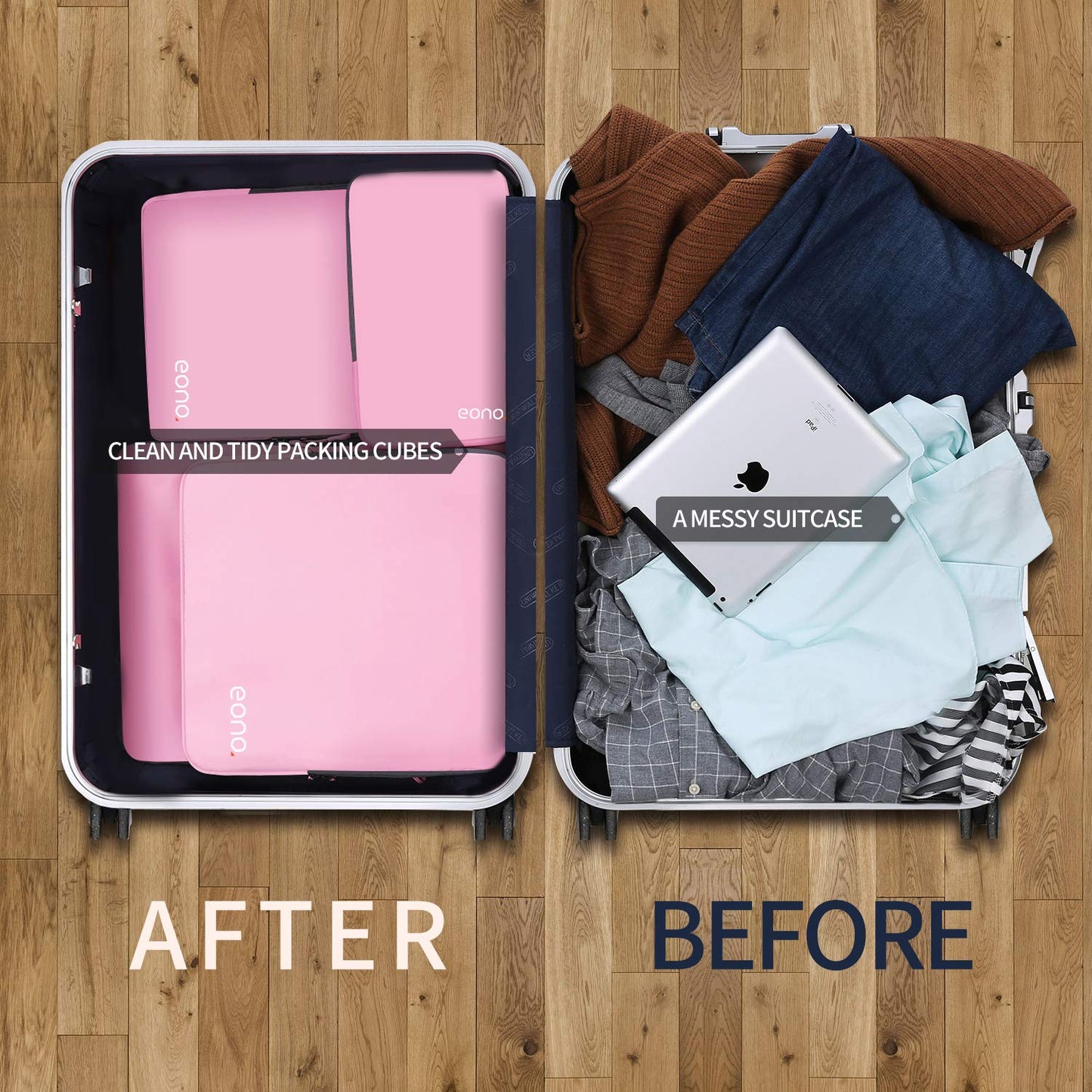 Eono Essentials Compressible Packing Cubes – 4/6-Piece Travel Luggage Organiser Set