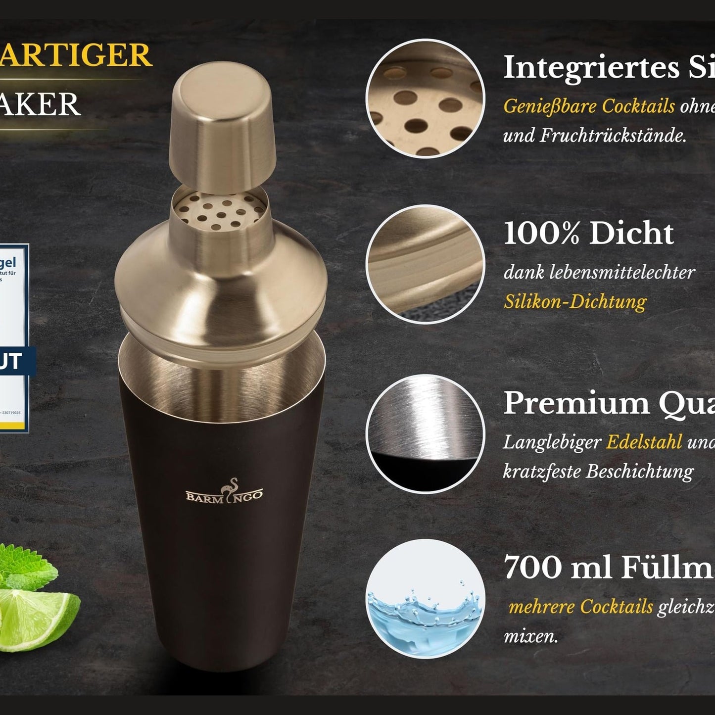 Edelstahl Cocktail Set 11tlg. – 700 ml Cocktail Shaker Set mit Ständer und Bar Zubehör, Cocktailshaker Set | Barkeeper Set | Cocktail Mix Set | Bar Set | Geschenkset | Schwarz