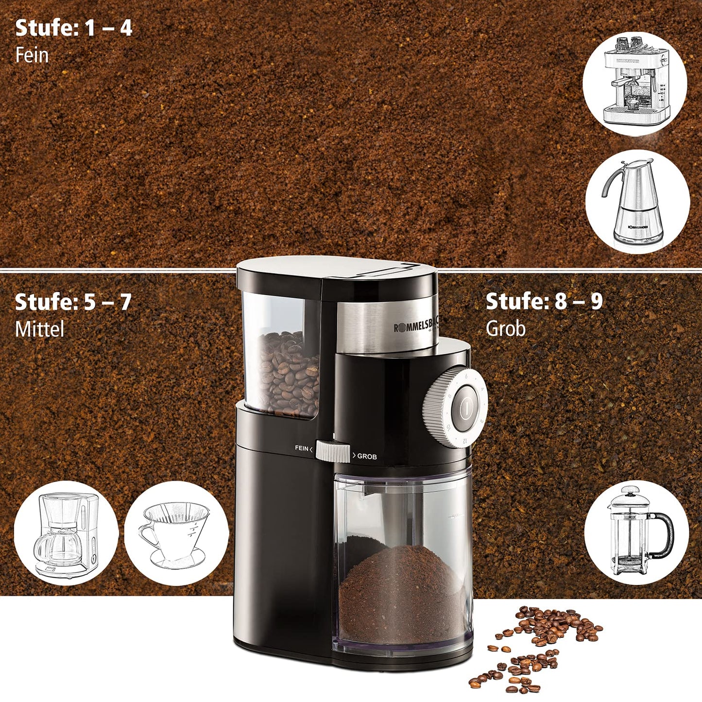 ROMMELSBACHER Kaffeemühle EKM 200 – aromaschonendes Scheibenmahlwerk, Mahlgrad einstellbar von grob bis fein, 2-12 Portionen, Füllmenge Bohnenbehälter 250 g, 110 Watt, schwarz
