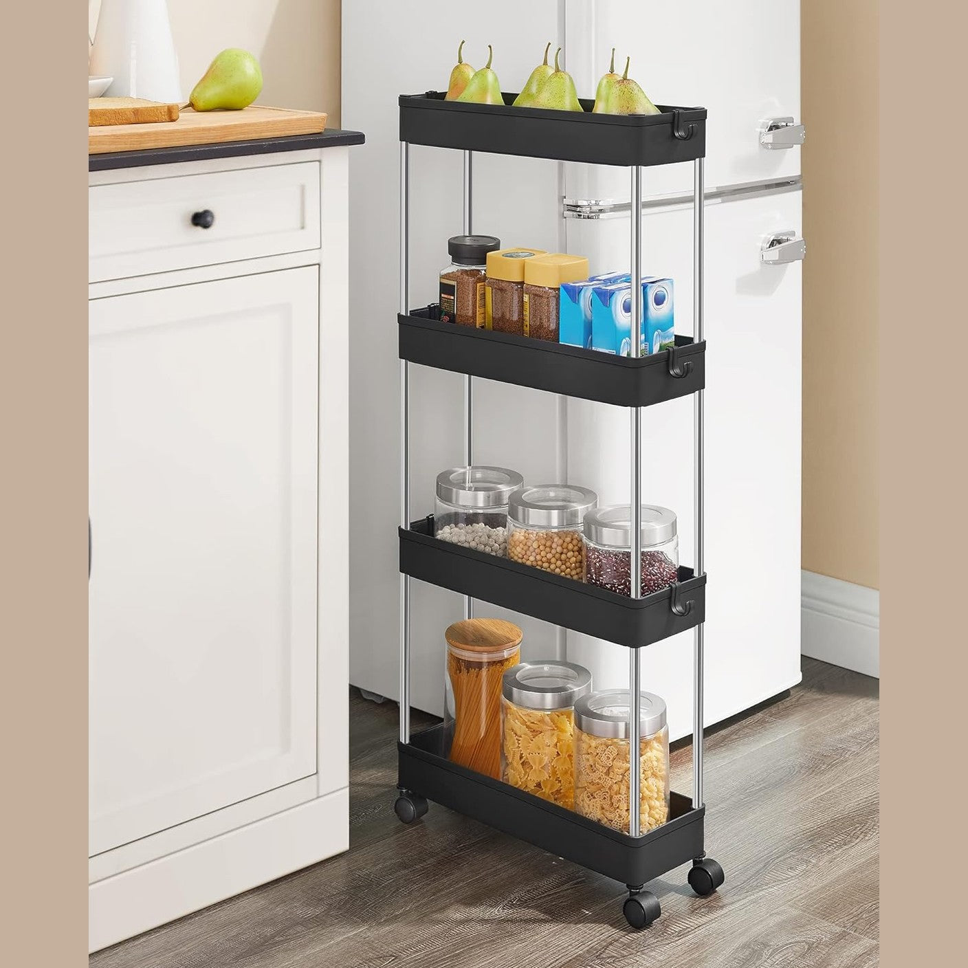 SONGMICS kapea 4-tasoinen säilytyskärry pyörillä – keittiöön ja kylpyhuoneeseen (40 × 12,5 × 86 cm)