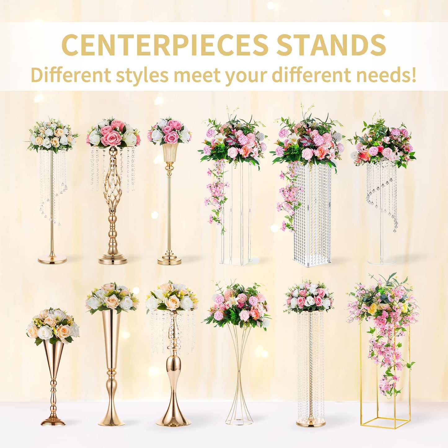 Nuptio Kristall-Blumenständer, Hochzeitsdekoration für Tische, 26 cm Höhe, Blumenhalter, Mittelstück, Metall-Blumenvase für Hochzeit, Party, Empfang, Esszimmer, Wohnzimmer, Dekoration, 2 Stück