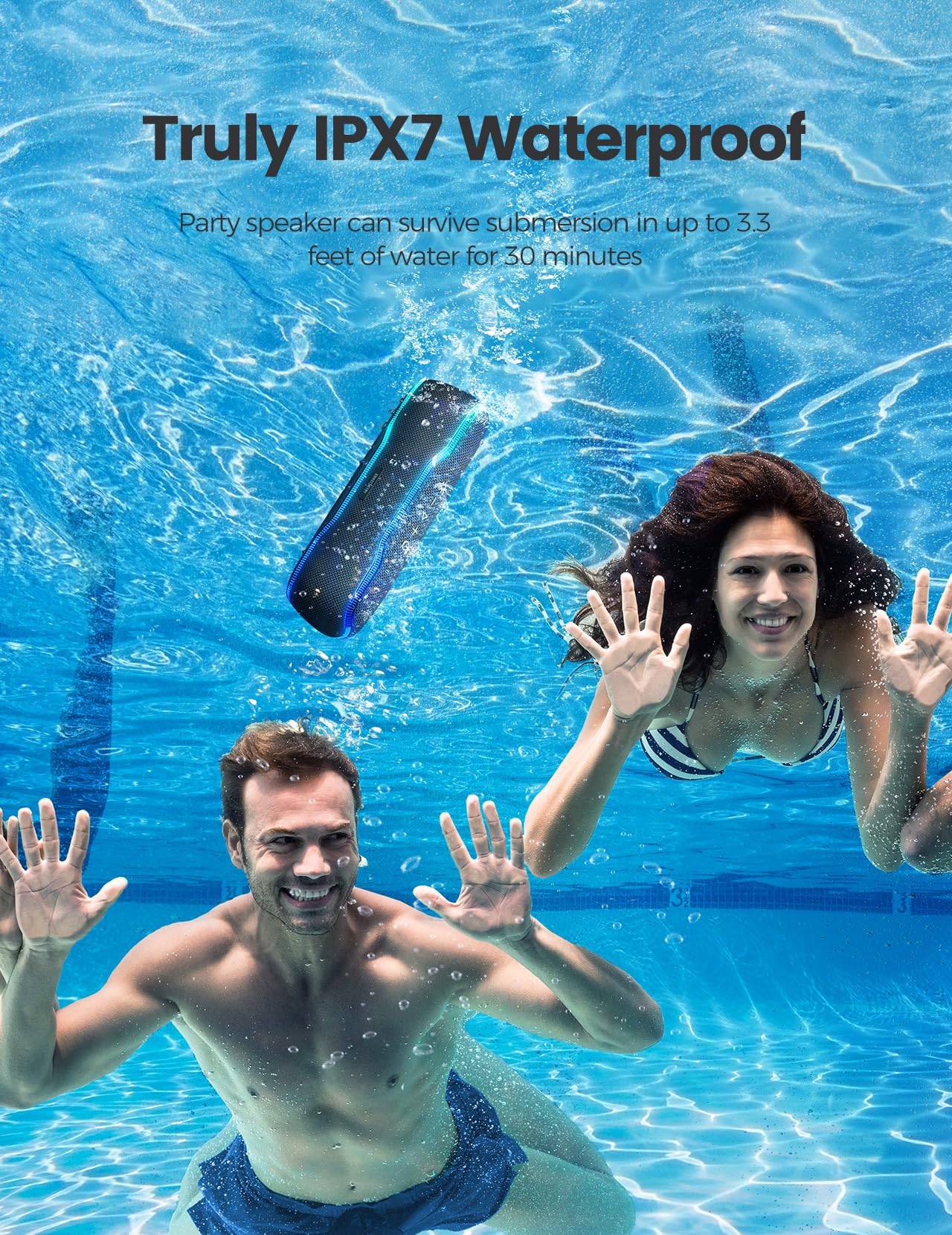 Portable Bluetooth Speaker – IPX7 Waterproof, 25W Super Bass, 24H Playtime, Colorful Lights, 100ft Range, TWS Pairing, Perfect for Outdoor, Party, & Beach.