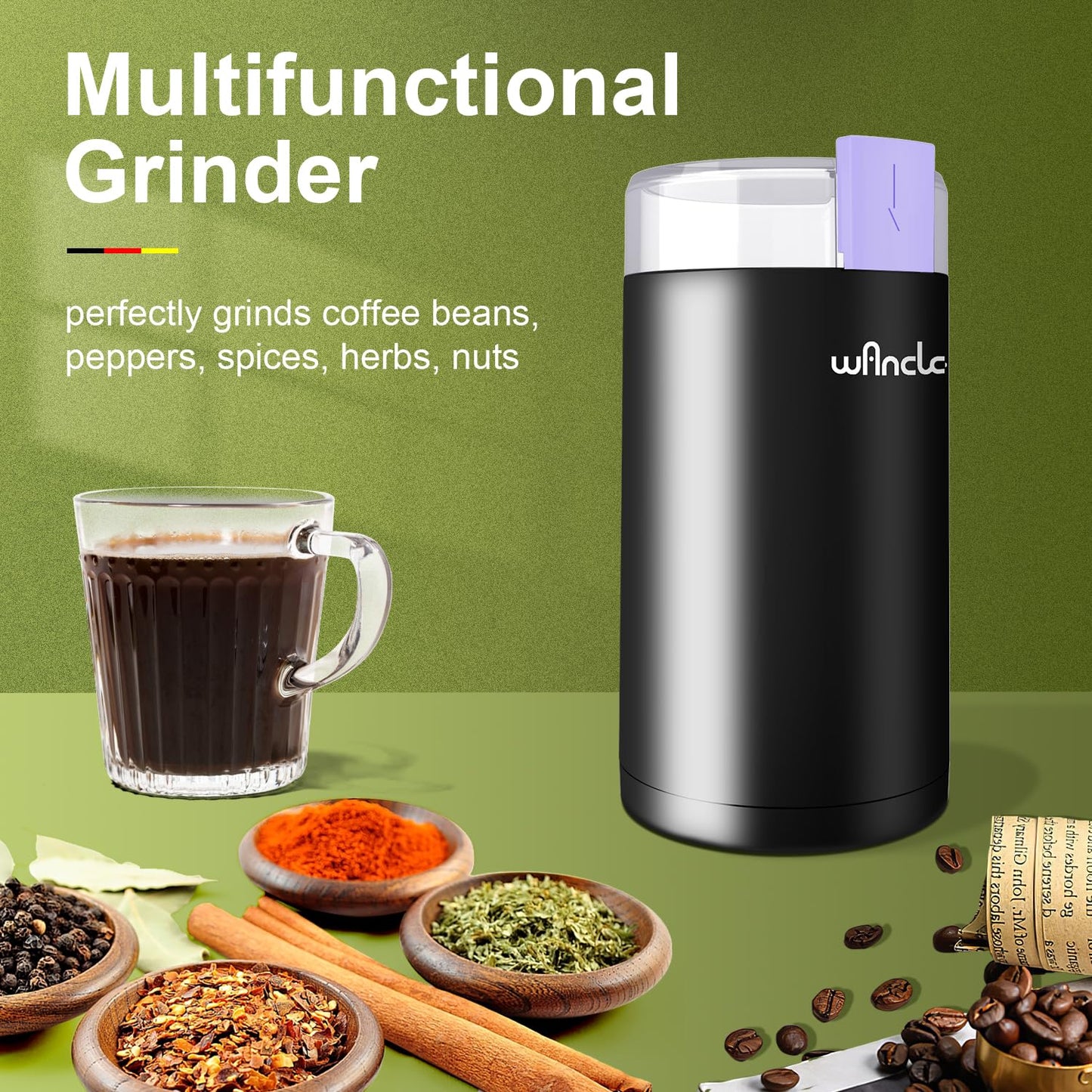 Kaffeemühle, Wancle Elektrische Kaffemühle für Bohnen ＆ Gewürze, Edelstahl Klinge, Schüssel, Kaffeemühle mit sauberer Bürste mit einem Knopf für Grob- und Feinmühle (Schwarz+Schwarz)