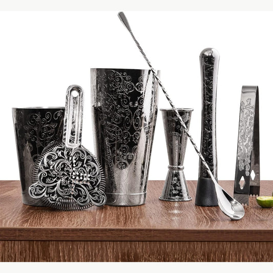 Sky Fish Cocktail Shaker Set, Ätzen Cocktail Shaker Kit in Geschenkbox 7er Set, Handwäsche. (Schwarz)